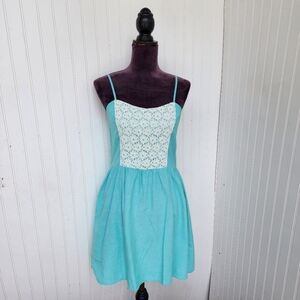 NWT Mimi Chica Retro White Lace Teal Green Mini Dress Smocked Tank Cotton Sz L